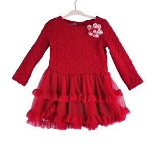 Nannette Baby Red Christmas Holiday Dress Beaded Tulle Flower Toddler 2T